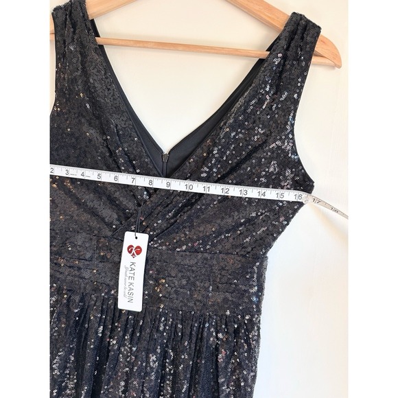 NWT Kate Kasin Long Black Sequin Maxi Dress 2 XS‎ Womens Sleeveless V Neck - Picture 6 of 12